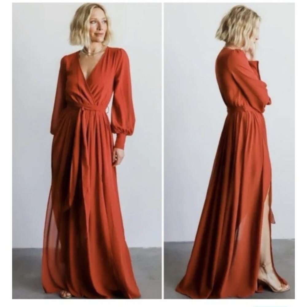 Baltic Born Celine Rust Maxi Dress Long Sleeve Wrap Boho Wedding Guest S NWT